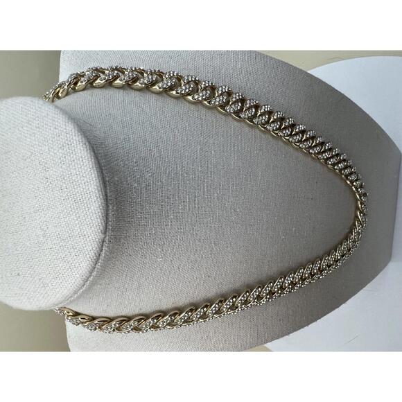 Heavy Gold Tone Cuban Link Chain Necklace with Rhinestones - Picture 6 of 10